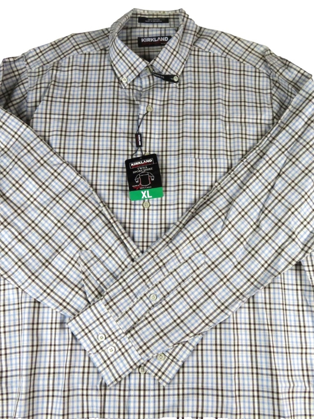 NWT- Men KIRKLAND tailored fit plaid cream brown blue long sleeve shirt Size XL